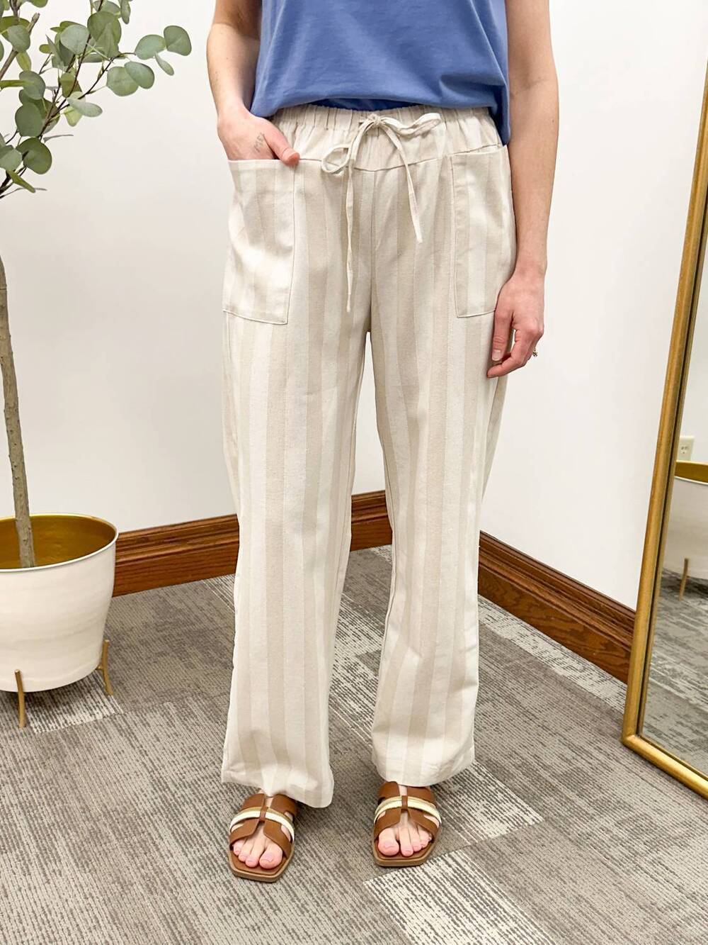 NEW WISHLIST striped linen pants in neutral
